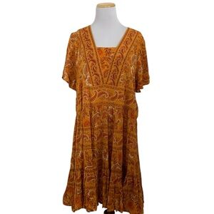 NWT Bila Floral Paisley Tiered Boho Dress Womens XXL Marigold Rayon Sundress